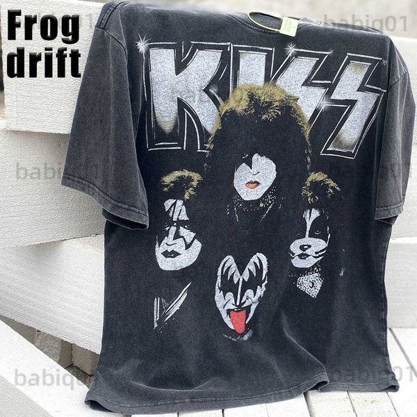 

men's t-shirts frog drift fashion brand vintage retro kiss rock band summer oversize loose washing streetwear rapper tshirt tee for me, White;black