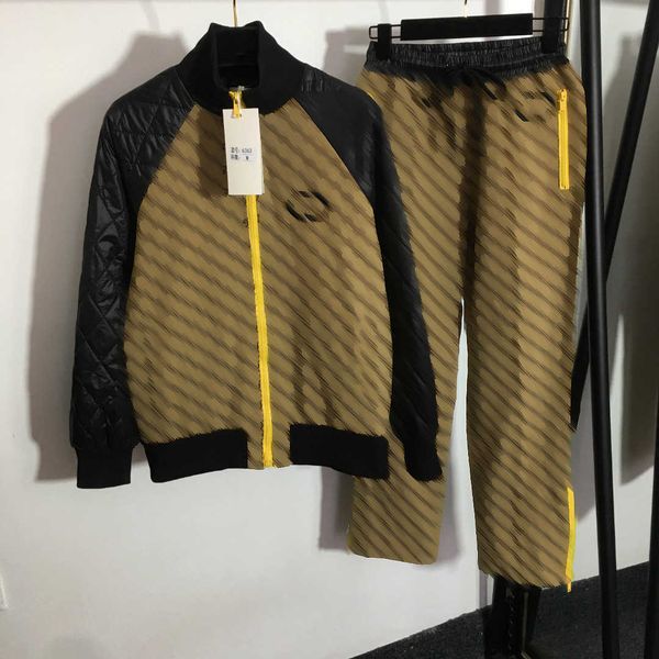 

23ss designer women brand sports suit spliced letter jacquard long sleeve jacket zipper coat zipper pocket elastic waist casual trousers set, Gray
