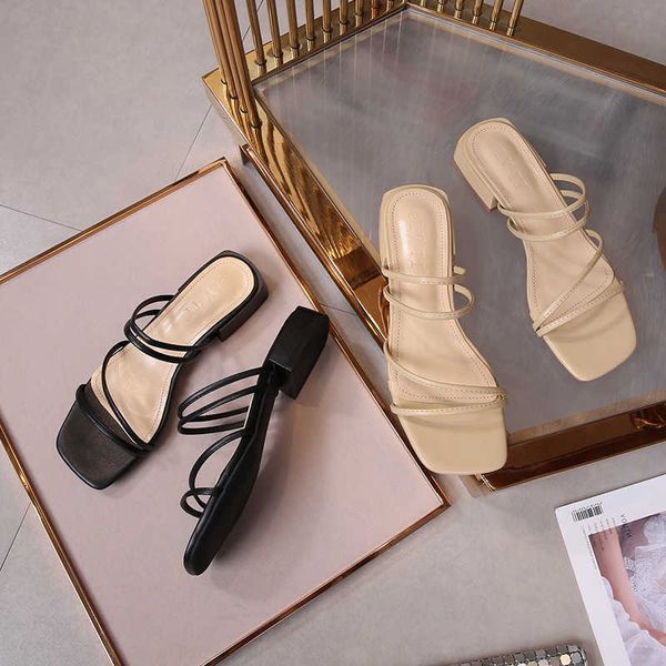 

sandals leisure 2-ways wearing square toe sandals thick low heels gladiator sandalias femme roman concise open toe narrow band flipflops g23, Black