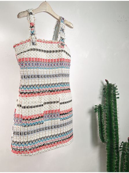 

303 2023 spring flora print dress crew neck sleeveless spaghetti strap tweed pink panelld dress luxury fashion prom womens clothes huilin, Black