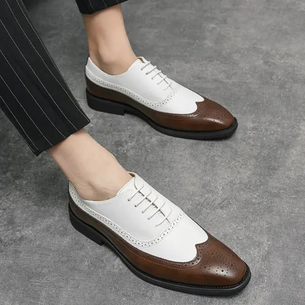 

sandals new block men pu stitching lace-up carved business dress comfortable classic oxford, Black
