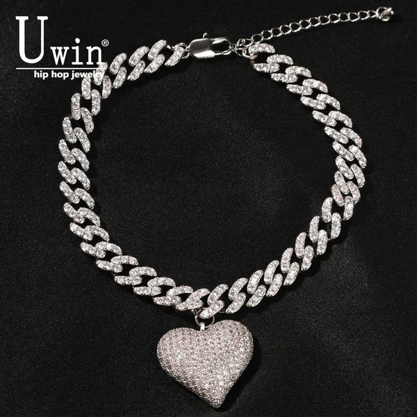 

pendant necklaces uwin 9mm cuban chain with heart miami link necklace gold silver plated luxury micro paved cz 230321