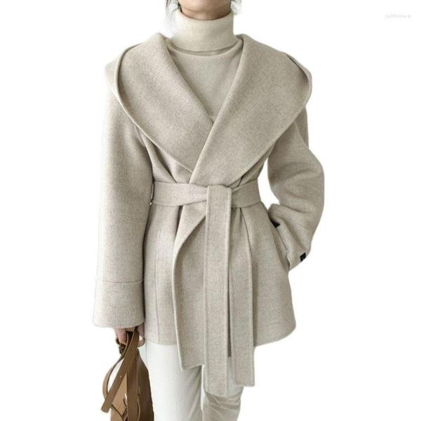 

autumn winter ol elegant women faux wool coats solid cardigan minimalist hooded woolen coat oversize outwear with belt, Black