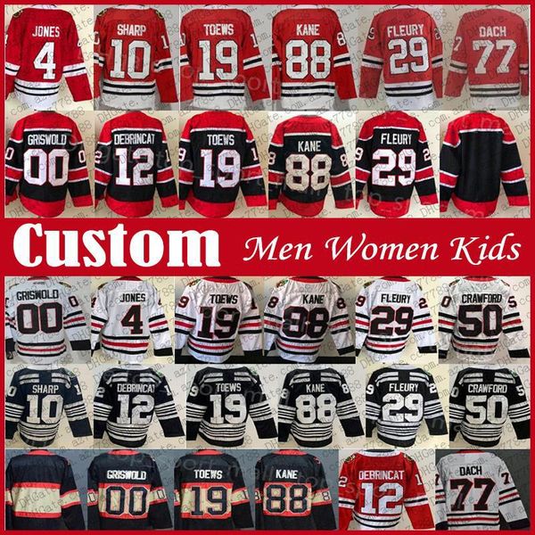 

88 patrick kane custom men women kid hockey jersey 29 marc-andre fleury 19 jonathan toews alex debrincat kirby dach seth jones connor murphy, Black;red