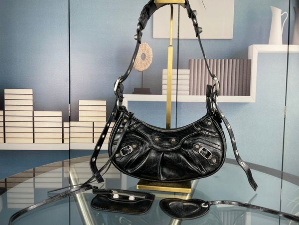 

motorcycle handbag crossbody bag half moon armpit bags genuine leather handbags purse classic letter nails decor adjustable strap card holde