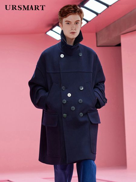 

men's wool blends loose silhouette wool coat for men medium length double breasted british fashion thickened lining warm autumn and win, Black