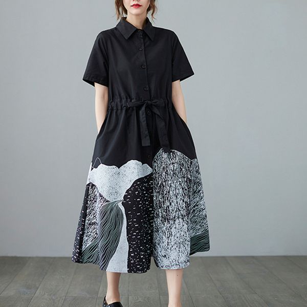 

casual dresses japanese yamamoto dark style street fashion girl's black blouse dress cotton print draw string women travel casual summe, Black;gray