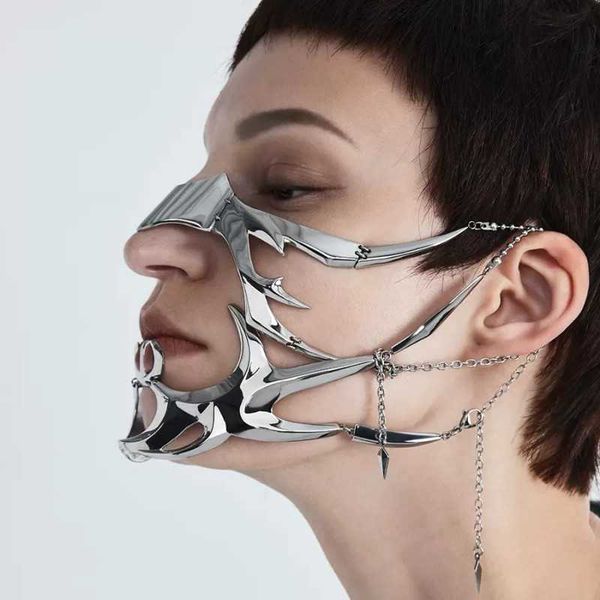 

luxury cyberpunk mask liquid irregular silver color hollow steel facial accessories earring for women men party jewelry 0608