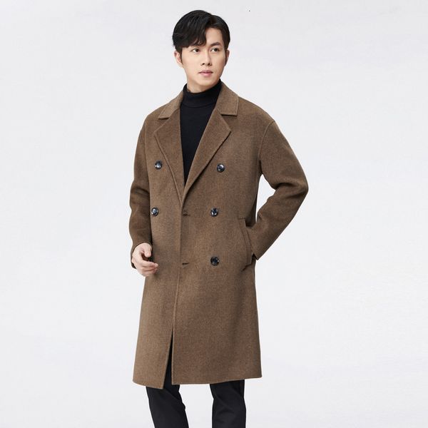 

men's wool blends 100 doublesided en coat autumnwinter mediumlength doublebreasted highend fashion hand sewn 230321, Black