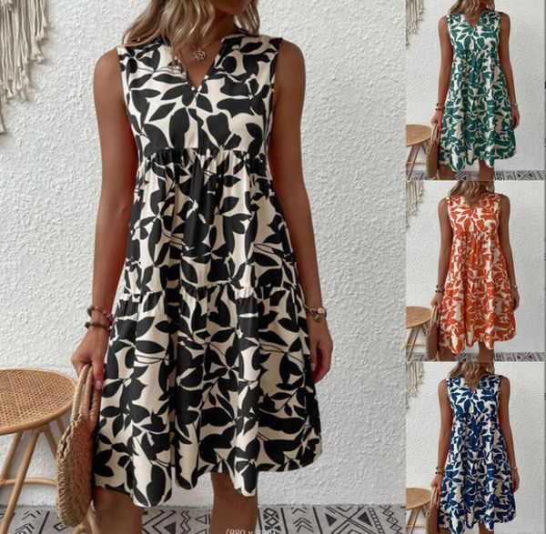 

women's casual dress 2023 summer fashion loose v-neck pleated print dress women's dresses, Black;gray