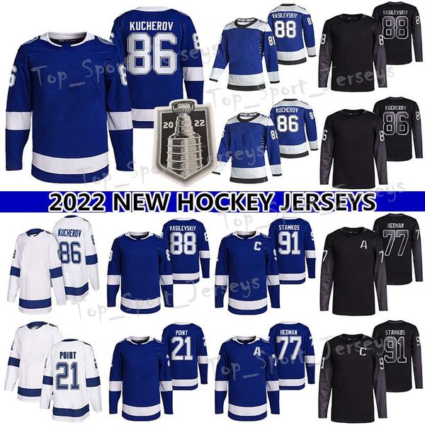 

ad hockey jersey 2022 stanley cup finals 86 nikita kucherov 77 victor hedman 21 point 91 steven stamkos 88 andrei vasilevskiy show logo on t, Black;red