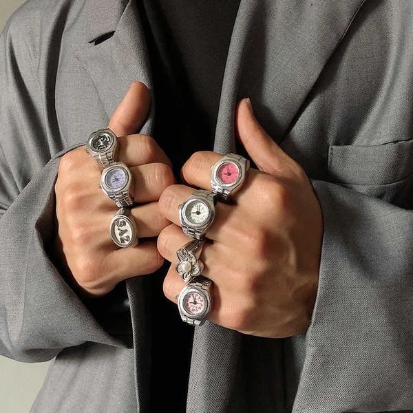 

retro cool design stretchy quartz watch ring elastic adjustable metal ring for women man hip-hop couple jewelry 0512, Golden;silver