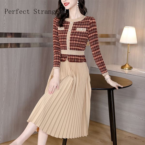 

casual dresses arrival elegant round collar plaid wrinkle women pleated long dress vestido women clothing 230321, Black;gray
