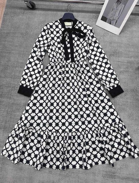 

dresses contrasting plaid print v-neck bow lace-up long sleeves dress silk fabric large hemlines high waist slimming maxiskit womens dresses, Black;gray