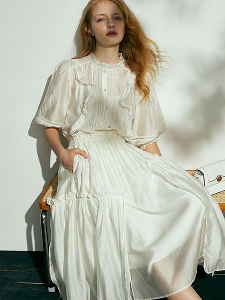 

two piece dress gypsylady beige elegant chic set lyocell blouse shirt pleated skrit summer casual women ruffles ladies 2 pieces outfit 23032, White