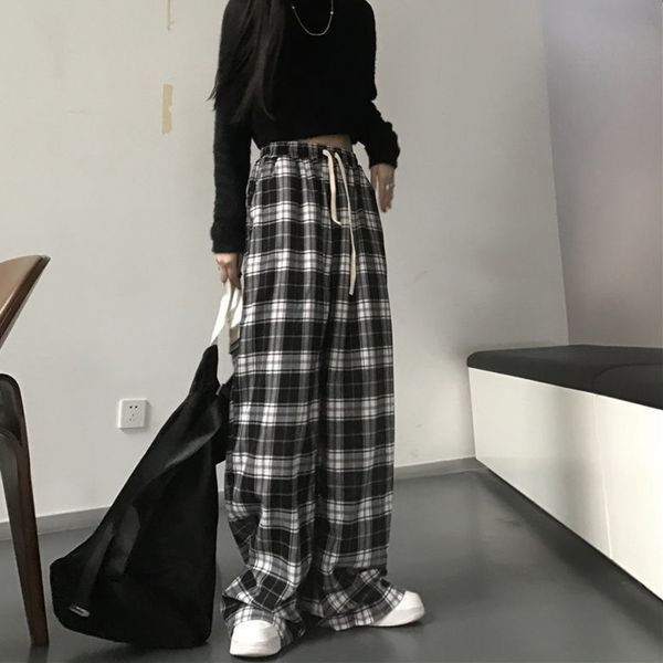 

women's pants capris jmprs harajuku black and white plaid pants women summer casual wide leg trousers korean fashion loose straight pan, Black;white