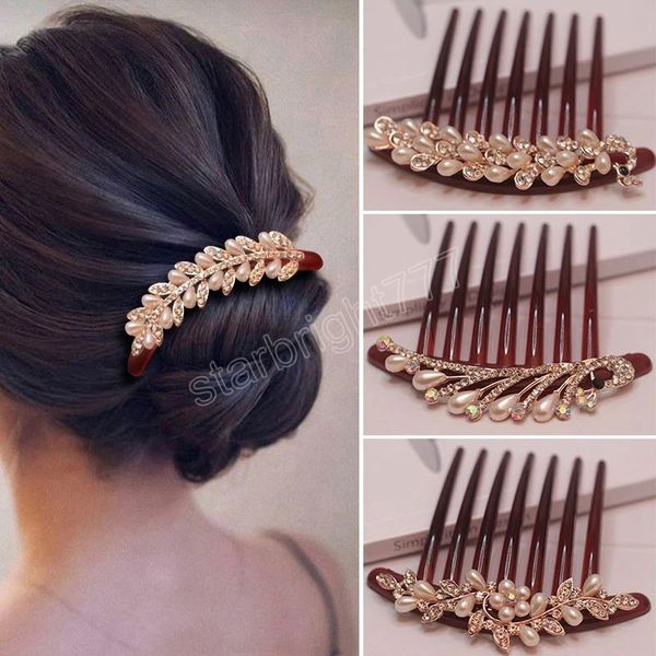 

crystal peacock flower hair comb banquet hair jewelry for women wedding pearl hair clip accessory rhinestone acrylic hairpins, Slivery;white