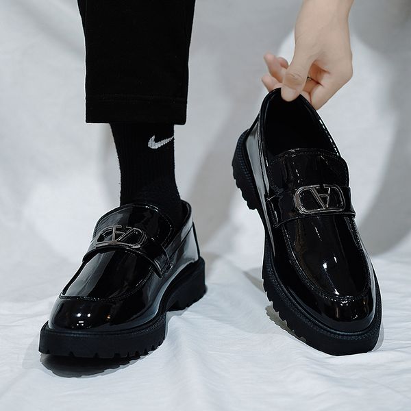 

dress shoes british style men s solid black patent leather slip on daily walking banquet casual loafer height increasing 230321
