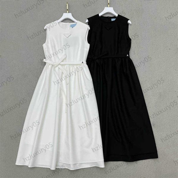 

women dresses front triangle logo decoration crewneck sleeveless brand dress bow lace-up design high waist slim designer maxiskit summer dre, Black;gray