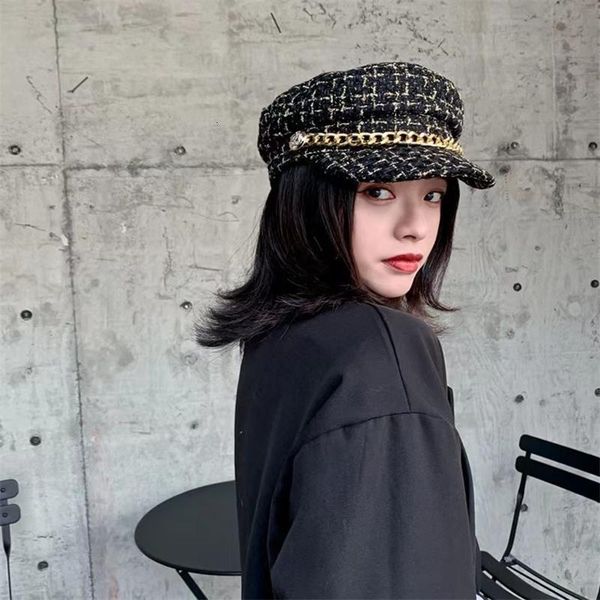 

ball caps chain octagonal cap woman small fragrance flat navy spaper bean hat girl plaid british retro hipster beret 230321, Blue;gray