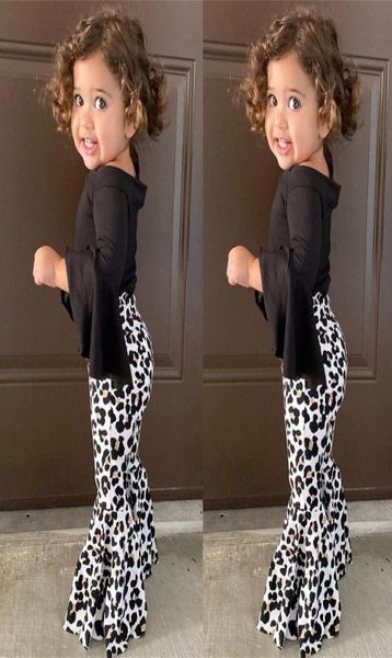 

clothing sets autumn winter toddler kids baby girls clothes black tshirt leopard print bellbottomed pants flared outfits s2718092, White