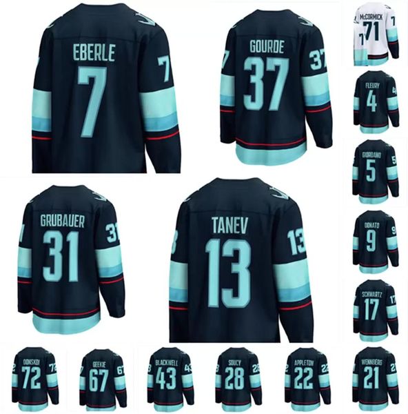 

2022 custom 13 brandon tanev hockey jersey 31 philipp grubauer 37 yanni gourde 6 adam larsson 17 jaden schwartz 7 eberle 4 fleury stitched m, Black;red
