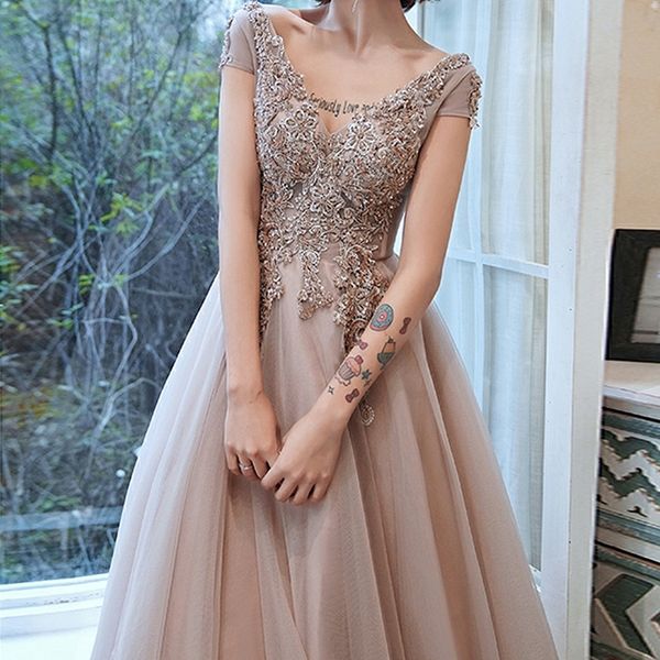 

luxurious champagne gray prom dresses cap sleeves appliques beading v-neck floor-length party formal celebrity ceremony evening gowns, Black