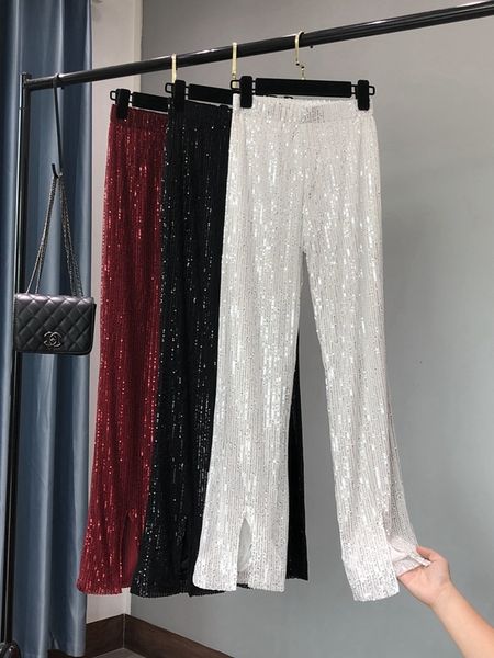 

women's pants capris the women's fashion shining white trousers show tall waist sequins flares pants 230321, Black;white