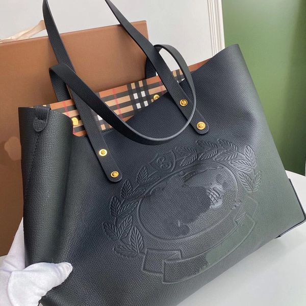 

genuine leather tote bag large capacity shopping bags embossed letter badge handbags vintage check inside zipper pocket tartan shoulder hand