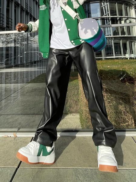 

men's pants trendy black faux leather men fashion loose fit straight leg pu bottoms y2k streetwear autumn boutique casual trousers 2303