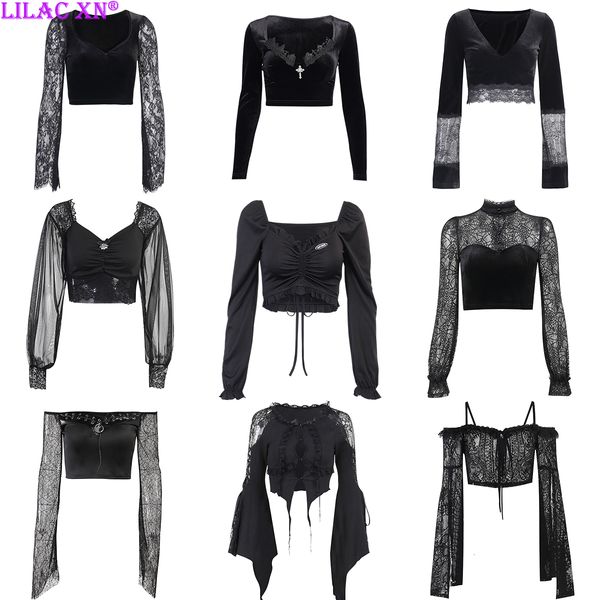 

womens tshirt goth black long sleeve corset crop women aesthetic vneck velvet lace mesh tshirts y2k harajuku vintage fashion 230321, White