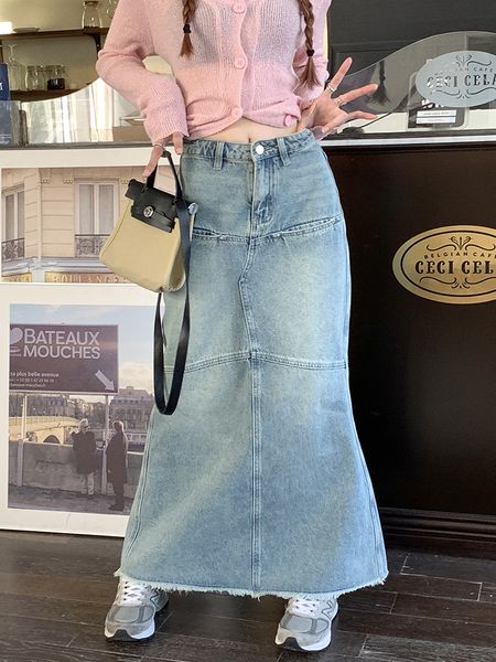 

skirts irregular splicing retro blue midlength denim women's spring autumn simple pocket straight black long female 230321
