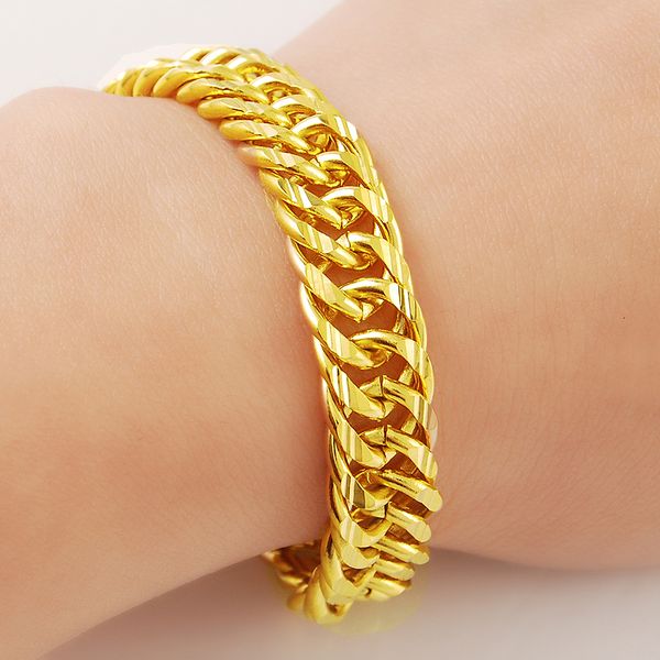 

charm bracelets 24k gold gp 9mm link chain bracelet bangle for men 19cm yellow gold color men's jewelry fashion men's bracelet 230, Golden;silver