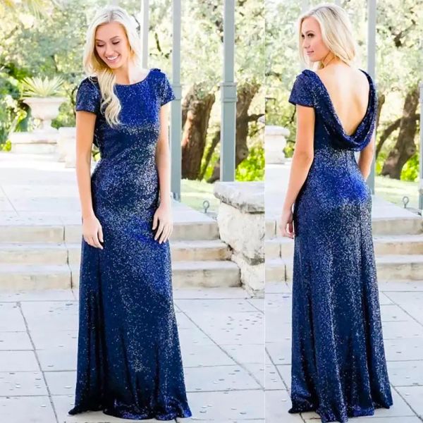 

2023 navy blue sequins bridesmaid dresses scoop neck chiffon short sleeves floor length ruched custom made plus size maid of honor gowns ves, White;pink