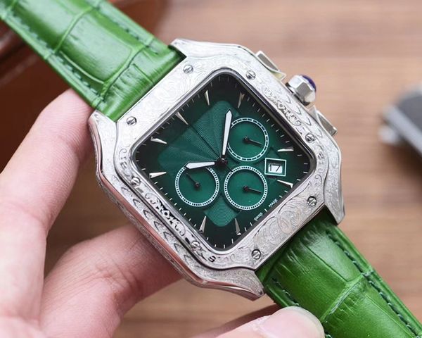 

men watches real cowhide strap six needles chronograph all dials work diameter 45mm and thickness 13mm quartz movement wristwatches luxury b, Slivery;golden