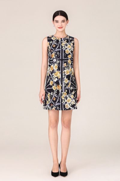 

casual dress original designer fashion gold rose print handmade beaded spring/summer sleeveless loose round neck dress monochrome s-xl, Black;gray