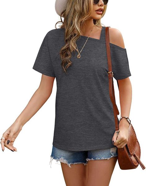 

women's t-shirt short sleeve casual summer cold shoulder blouse shirts w4h9, White