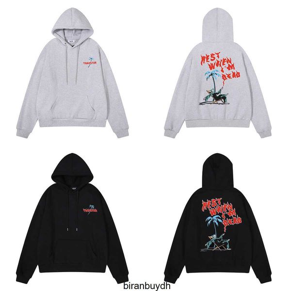 

sport men's hoodies sweatshirts trapstar coconut tree recliner comfortable life pattern printed cotton plush warm hoodie sweater for me, Black