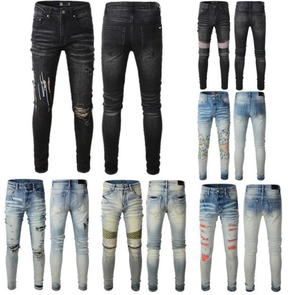 

mens designer jeans distressed ripped biker slim fit motorcycle bikers denim for men fashion mans letter print hip hop pants9839491, Blue