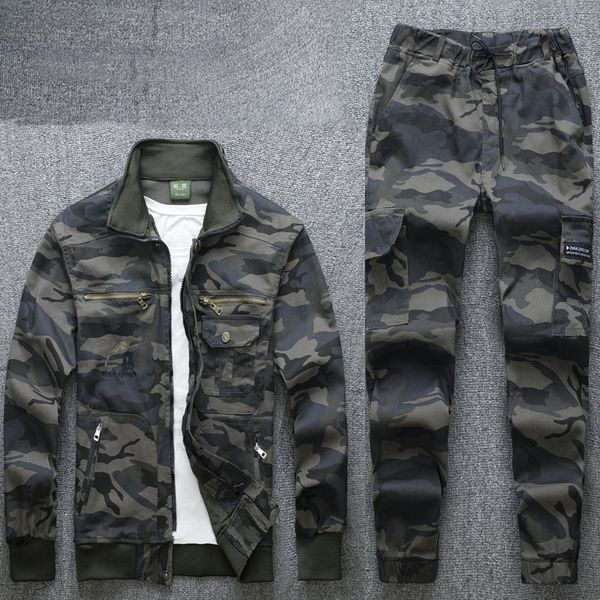 

men's tracksuits new camouflage elastic workwear set multi -pocket wear resistance work protection clothing casual workers, Gray