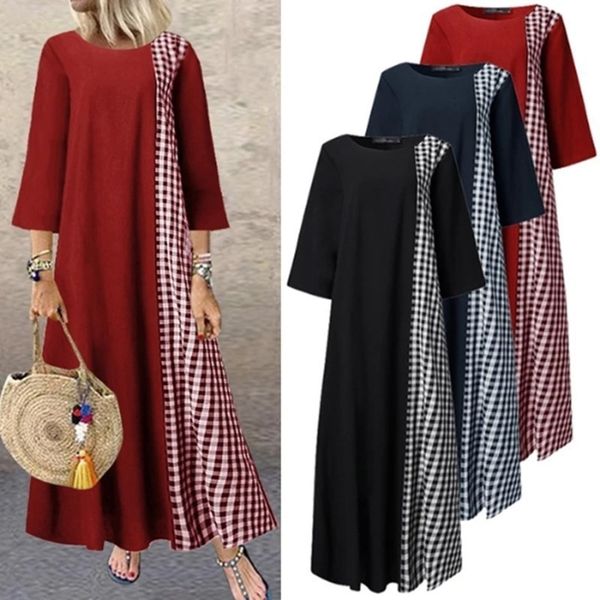 

casual dresses summer women's maxi dress fashion plaid patchwork print robe ladies fashion loose casual chic and elegant famale clothin, Black;gray