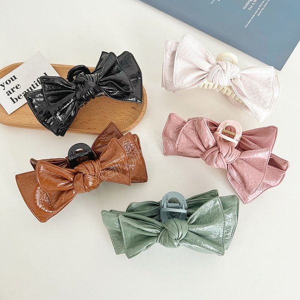 

pu leather bowknot hair claws for women girls elegant hair accessories large hair clips hairpins claw clips headwear, Slivery;white