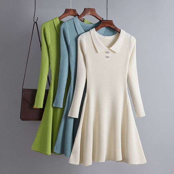 

casual dresses diamond autumn winter thick sweater dress women a line peter pan collar mini dress female girl knit short bodycon knit dress, Black;gray