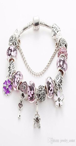 

blueredpink murano glass charms beads bracelet for pandora 925 silver plated charm eiffel tower pendant bracelet bangle3254168, Golden;silver
