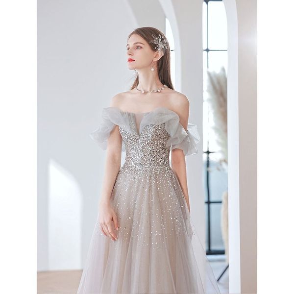 

gray silver prom dresses off the shoulder shiny sequined strapless backless lace up a line celebrity formal party evening gown new, Black