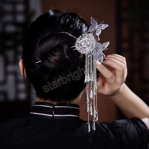 

chinese butterfly flower tassels hair sticks for women silver color hanfu costume hairpin headwear jewelry wedding accessories, Slivery;white