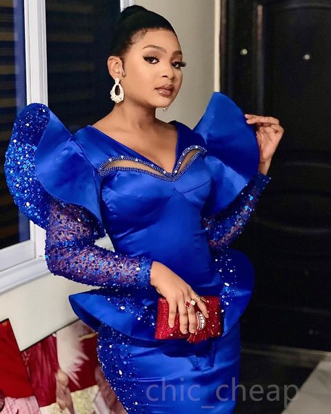 

2023 arabic aso ebi royal blue prom dresses sequined lace knee length evening formal party second reception birthday engagement bridesmaid g, Black