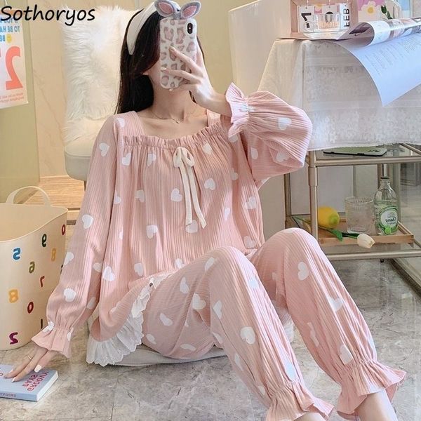 

women's sleepwear pajama sets women princess long flare sleeve sweet heart-printed cute ruffles lacework sleepwear pajamas students com, Black;red