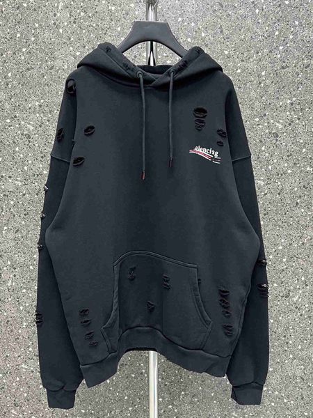 

plush t shirt designer luxury coats balciga autumn winter paris edition b coke wave print loose set with hole breaking trendy terry hat men&, Black