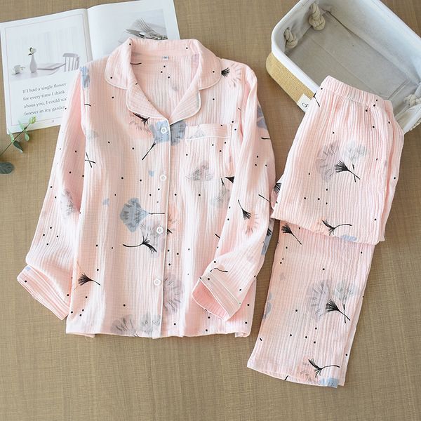 

women's sleepwear ladies spring and autumn washed crepe long sleeve cotton gauze pajamas thin soft printing sleepwear plus size women t, Black;red